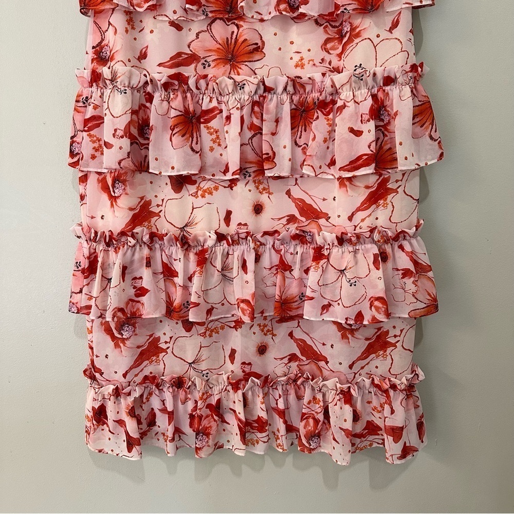 Badgley Mischka Tiered Ruffle Floral Dress Pink Mini Size 10 RTR Designer - Picture 6 of 14
